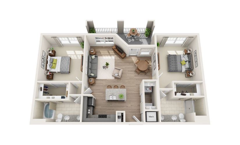 Castlewood Dual Master (Mid-rise) - 2 bedroom floorplan layout with 2 bathrooms and 1186 square feet