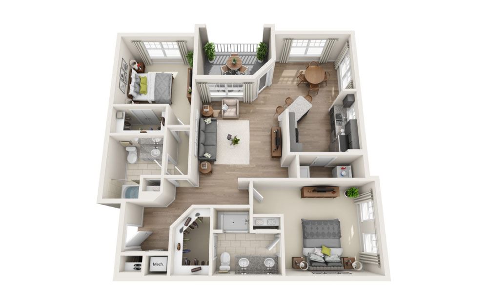 Abbington  - 2 bedroom floorplan layout with 2 baths and 1266 square feet.