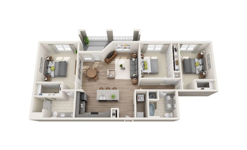 Biltmore (Mid-rise) - 3 bedroom floorplan layout with 2 bathrooms and 1372 square feet