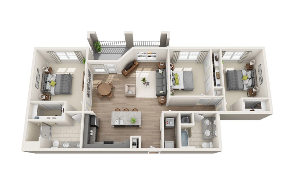 Biltmore - 3 bedroom floorplan layout with 2 bathrooms and 1372 square feet