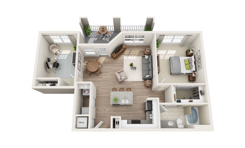 Alleghany + Den (Mid-rise) - 1 bedroom floorplan layout with 1 bathroom and 1006 square feet