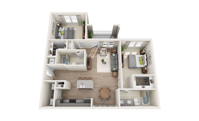 Highland (Garden) - 2 bedroom floorplan layout with 2 bathrooms and 1078 square feet