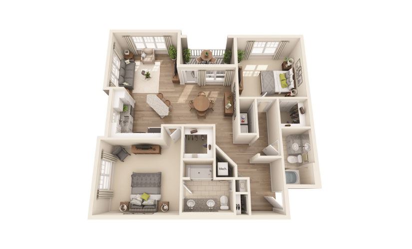 Laurelwood (Mid-rise) - 2 bedroom floorplan layout with 2 bathrooms and 1236 square feet