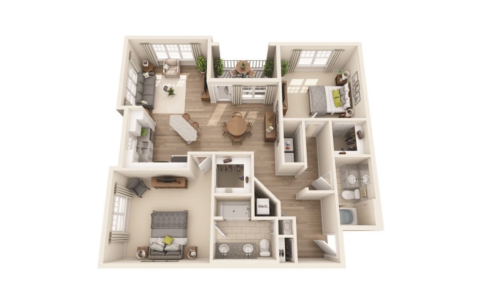 Laurelwood - 2 bedroom floorplan layout with 2 bathrooms and 1236 square feet