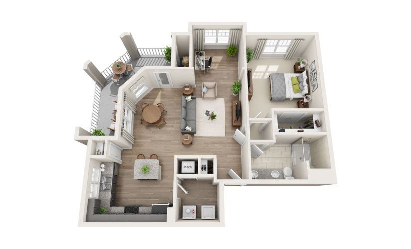 Oakland (Mid-rise) - 1 bedroom floorplan layout with 1 bathroom and 970 square feet
