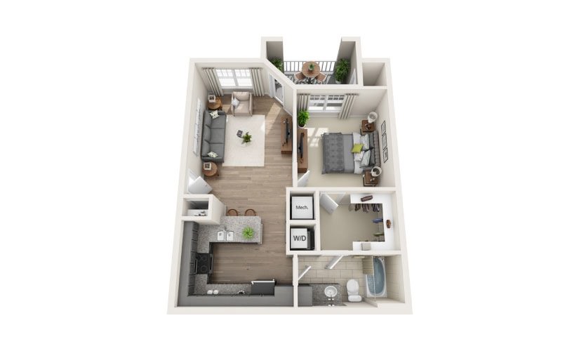 Pisgah (Garden) - 1 bedroom floorplan layout with 1 bathroom and 682 square feet