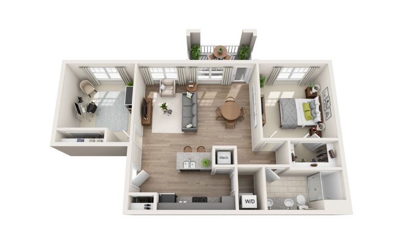 Fontana + Den (Garden) - 1 bedroom floorplan layout with 1 bathroom and 935 square feet