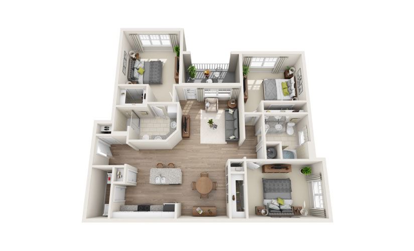 Windsor (Garden) - 3 bedroom floorplan layout with 2 bathrooms and 1372 square feet