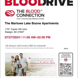 We are excited to announce that we will be hosting a Blood Drive right here in our community on July 27th. This is a wonderful opportunity for us to come together and make a meaningful impact on the lives of others.
Date: July 27th, 2024
Time: 11:00 AM - 2:00 PM
Location: In the Clubhouse
Your participation can help save lives, so we encourage you to sign up and donate if you are able to. Every donation counts and can make a significant difference.
To ensure a smooth process, appointments are preferred. ... Instagram post from @themarlowelakeboone on July 13, 2024 09:55:57am